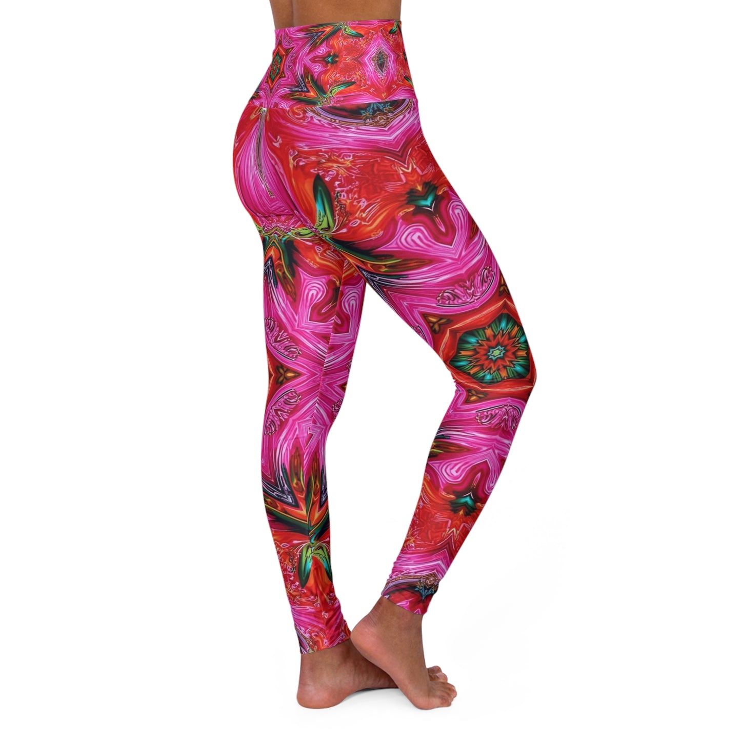 High-Waist Pink Kaleidoscope Yoga Leggings — Vibrant Floral Mandala Print