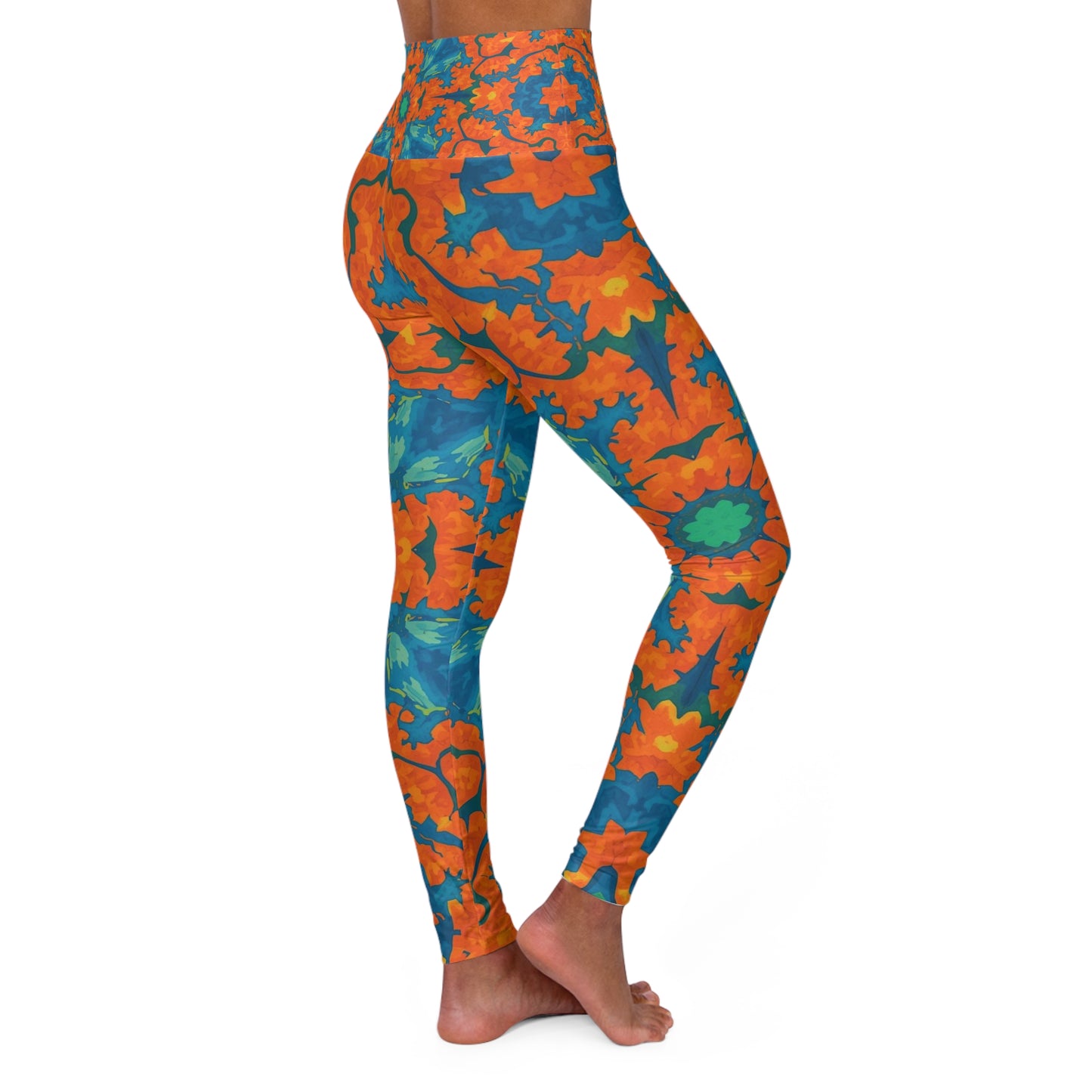 High-Waist Floral Tie-Dye Yoga Leggings — Vibrant Orange & Teal AOP