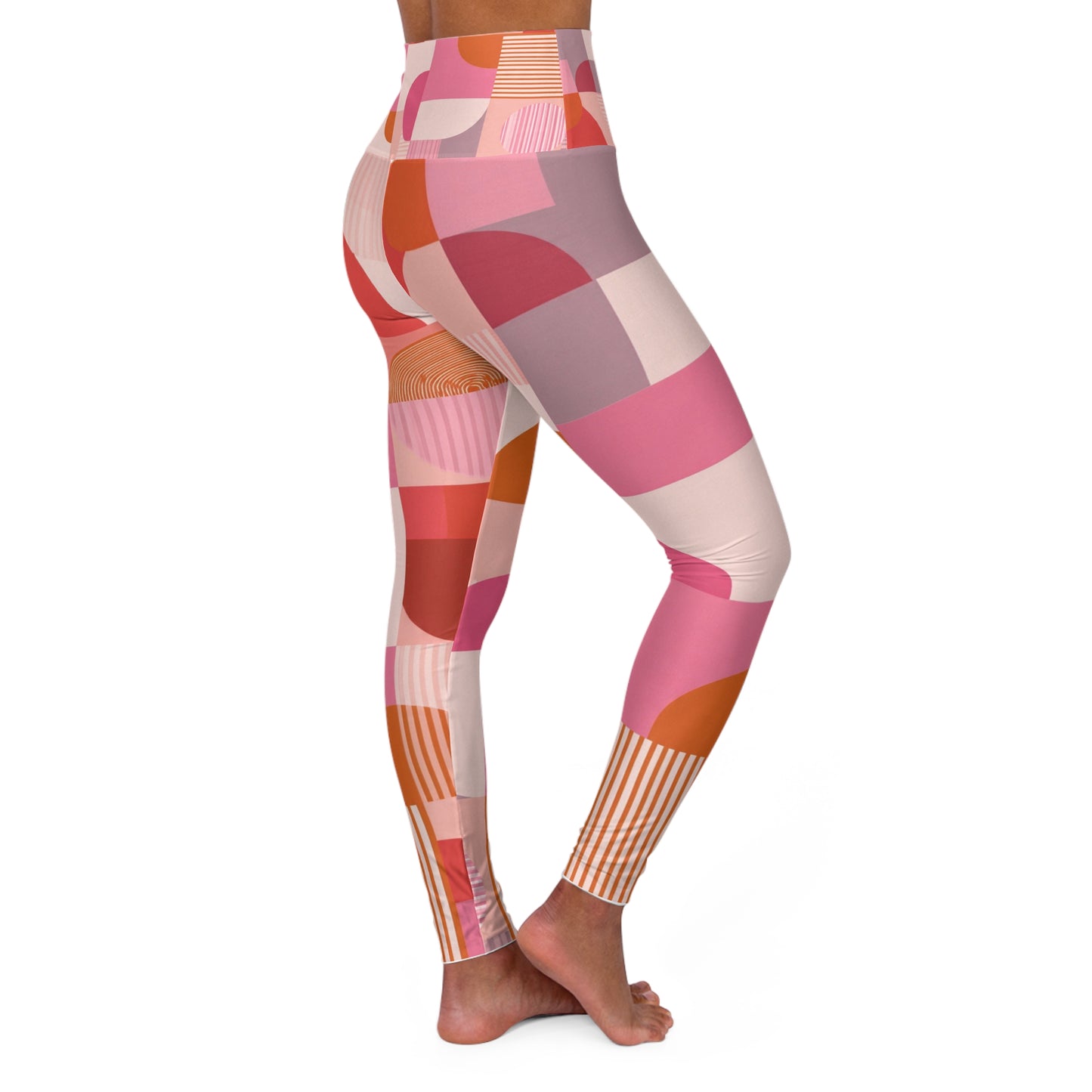High-Waist Yoga Leggings — Pink Geometric Abstract Pattern