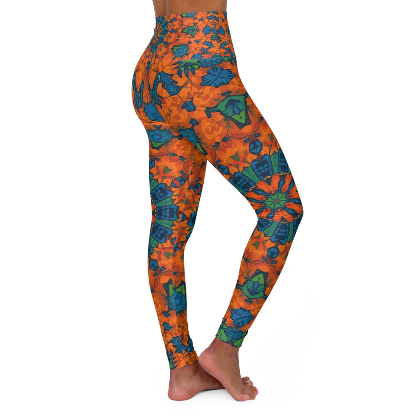 High-Waisted Yoga Leggings — Orange & Teal Floral Mandala Print