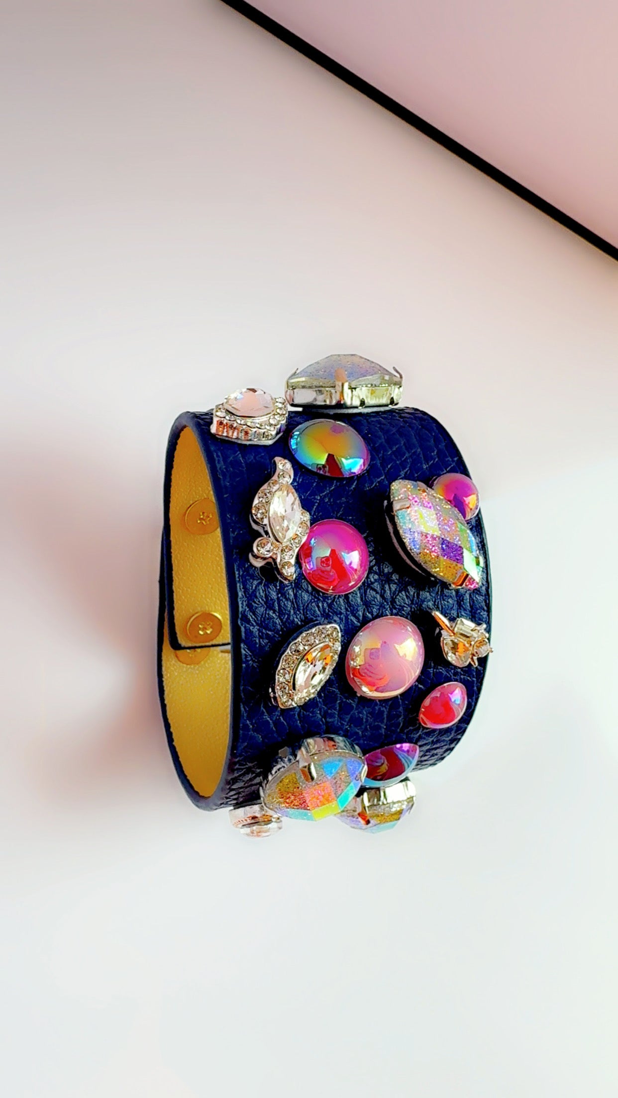 Navy Leather Bling Cuff