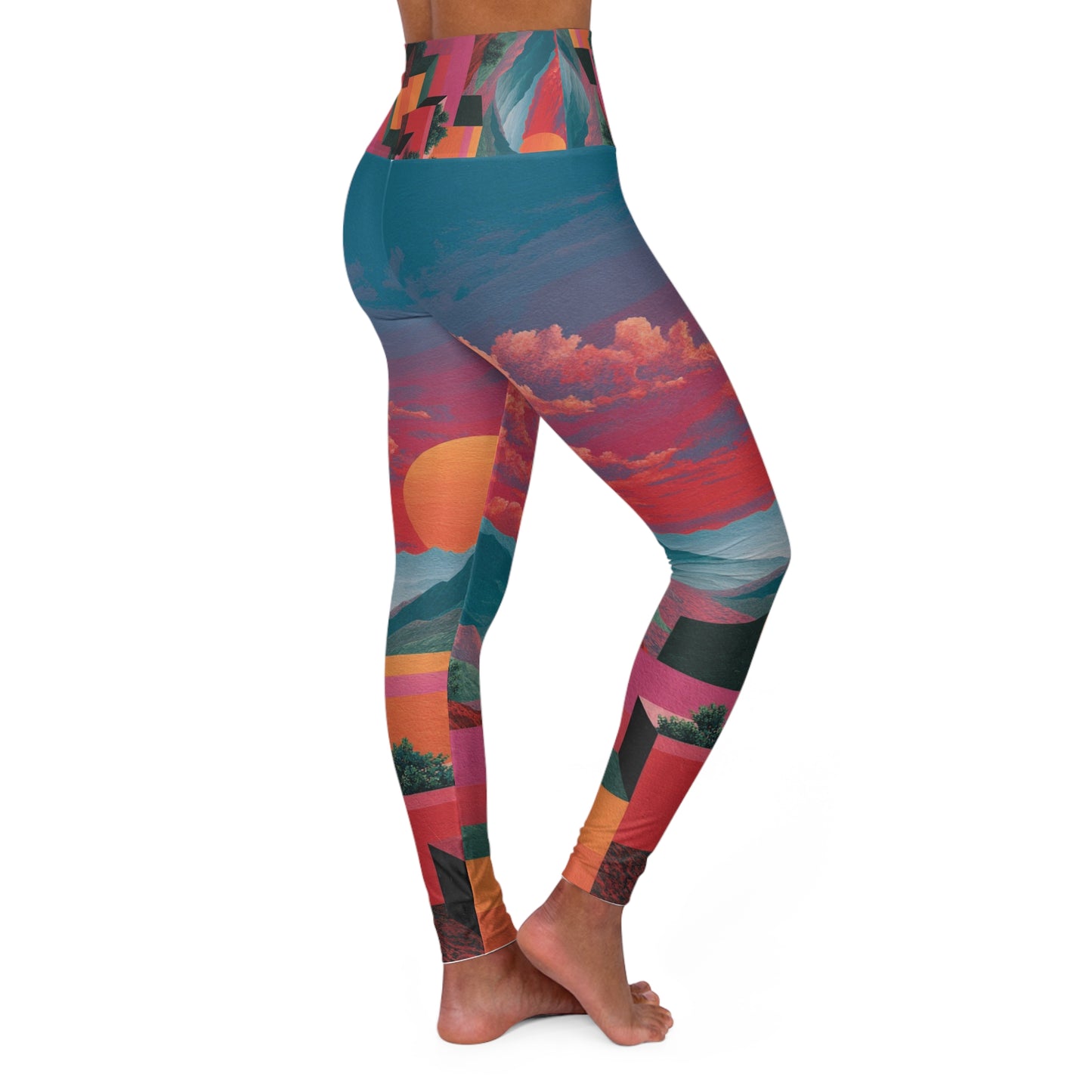 Sunset Horizon High-Waist Yoga Leggings — Colorful Geometric Sunset Print