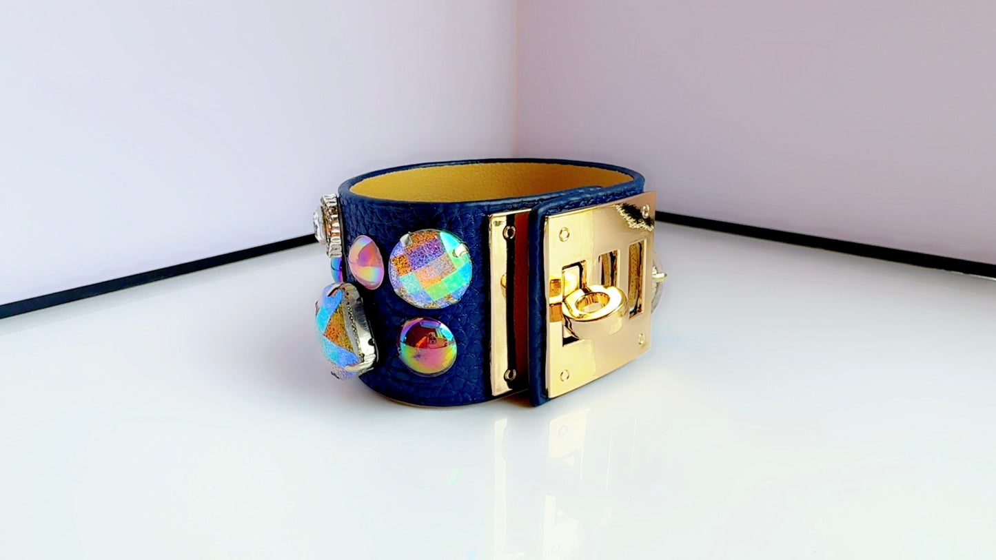 Navy Leather Bling Cuff