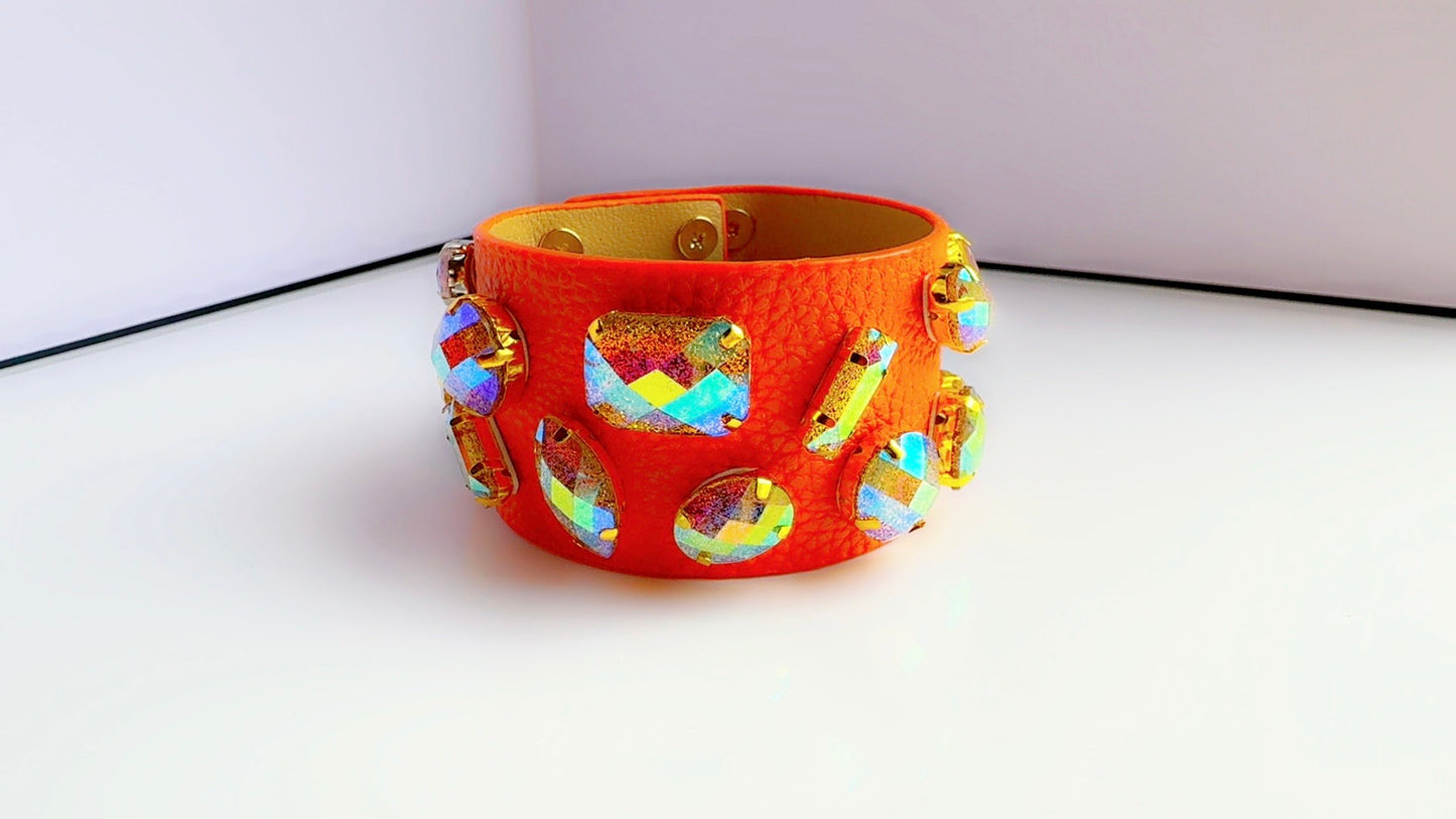 Orange Leather Bling Cuff