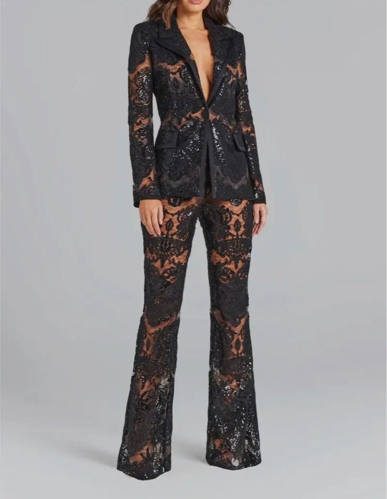 Lace Embroidered Sequin Blazer and Trousers