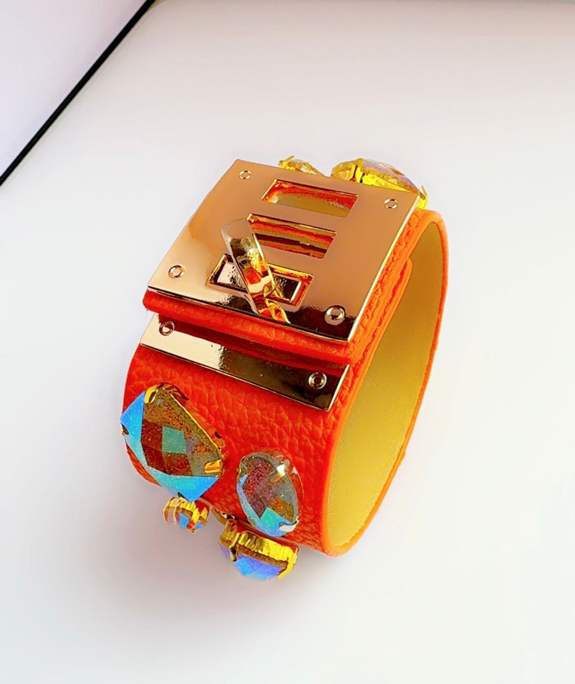 Orange Leather Bling Cuff