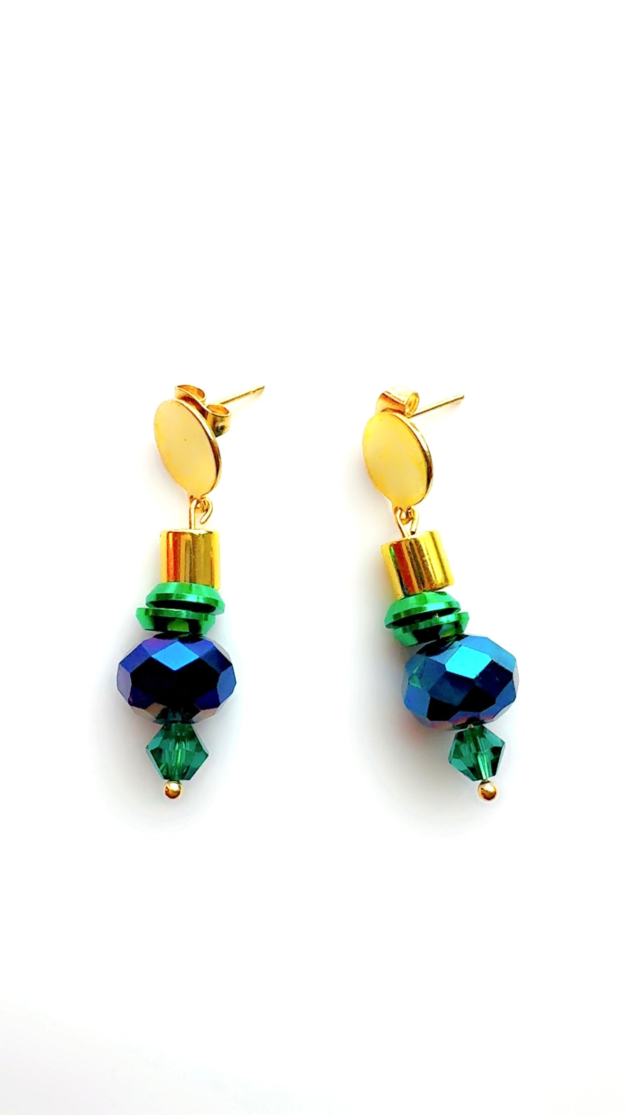 Blue Green and Gold Drop Earrings