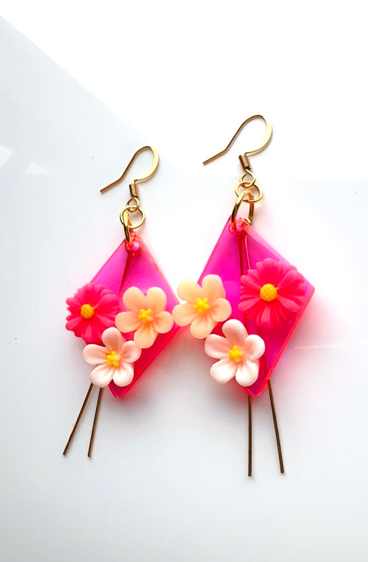 Hot Pink Floral Dangle Earrings