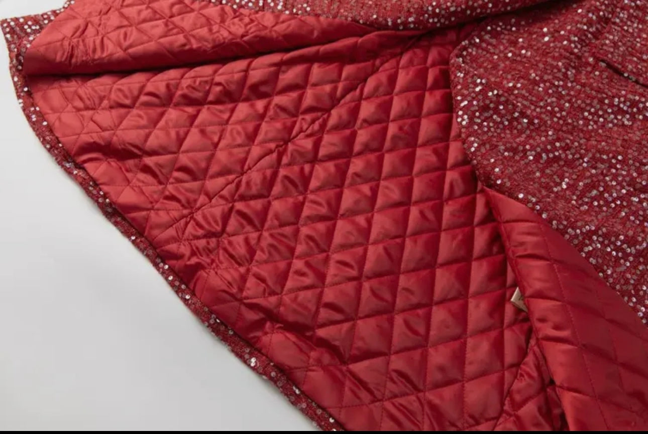 Deville Red Sequin Fur Trim Coat