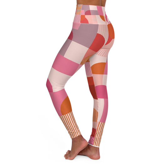 High-Waist Yoga Leggings — Pink Geometric Abstract Pattern
