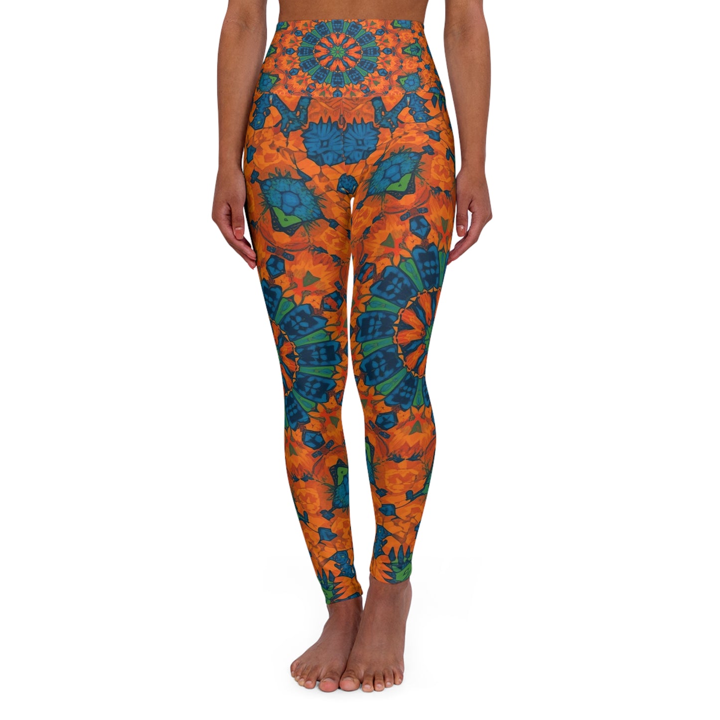 High-Waisted Yoga Leggings — Orange & Teal Floral Mandala Print