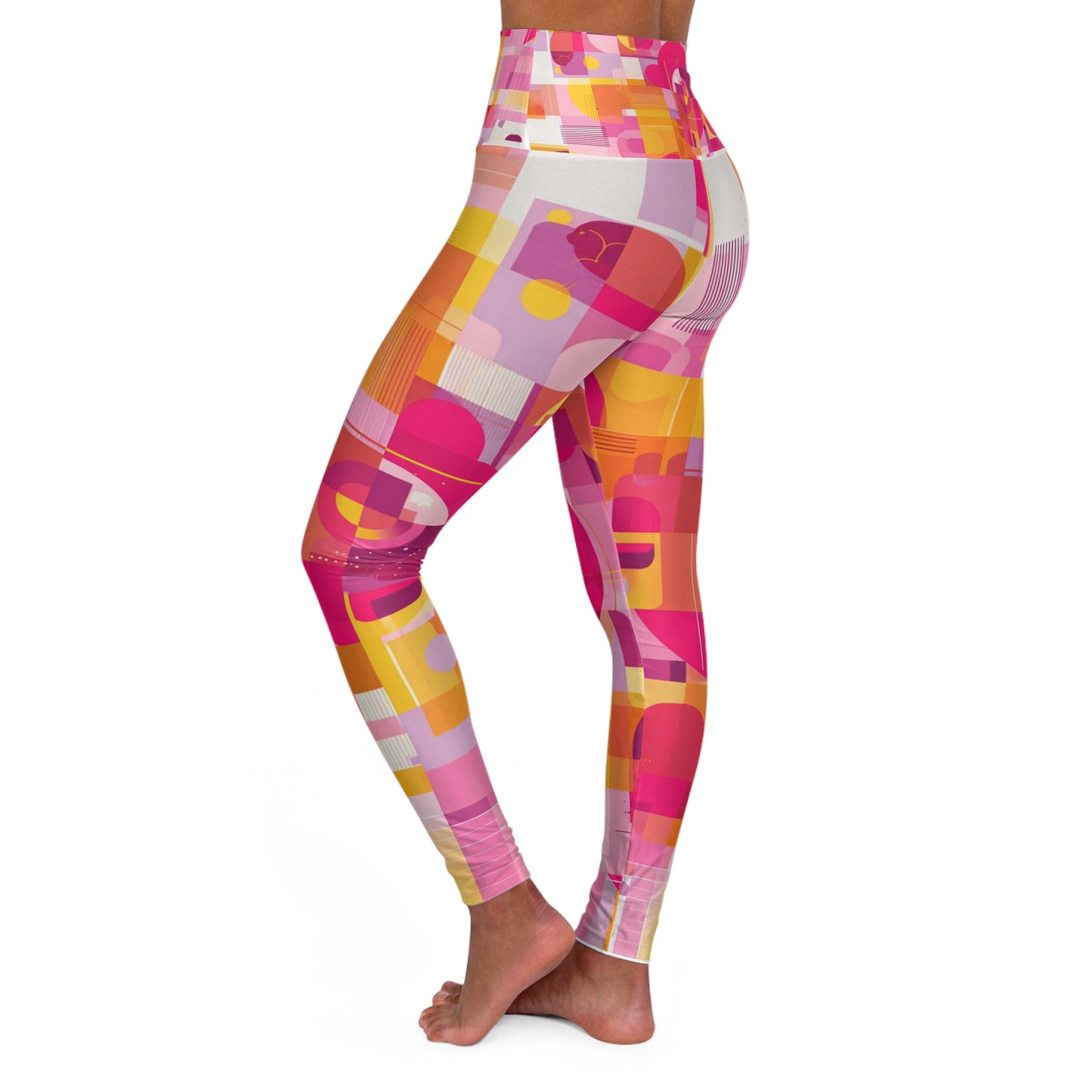 High-Waisted Yoga Leggings — Pink Orange Retro Abstract All-Over Print