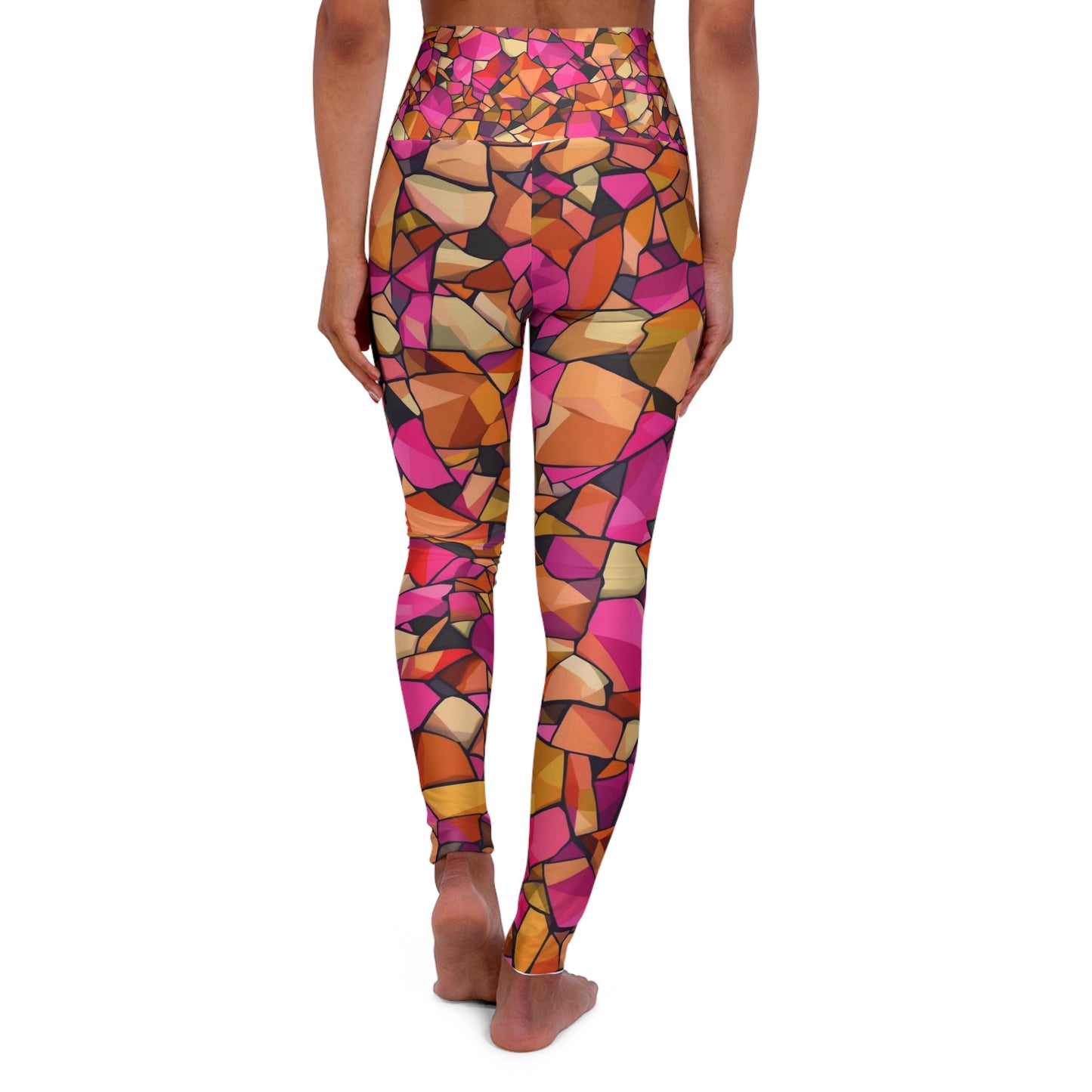 High-Waist Yoga Leggings — Vibrant Pink Orange Mosaic Print