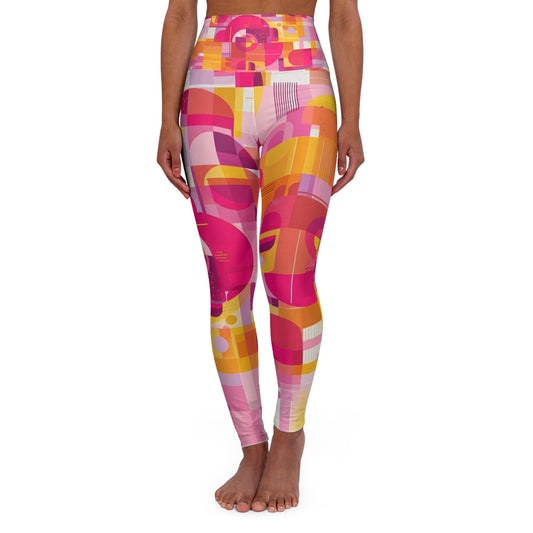 High-Waisted Yoga Leggings — Pink Orange Retro Abstract All-Over Print
