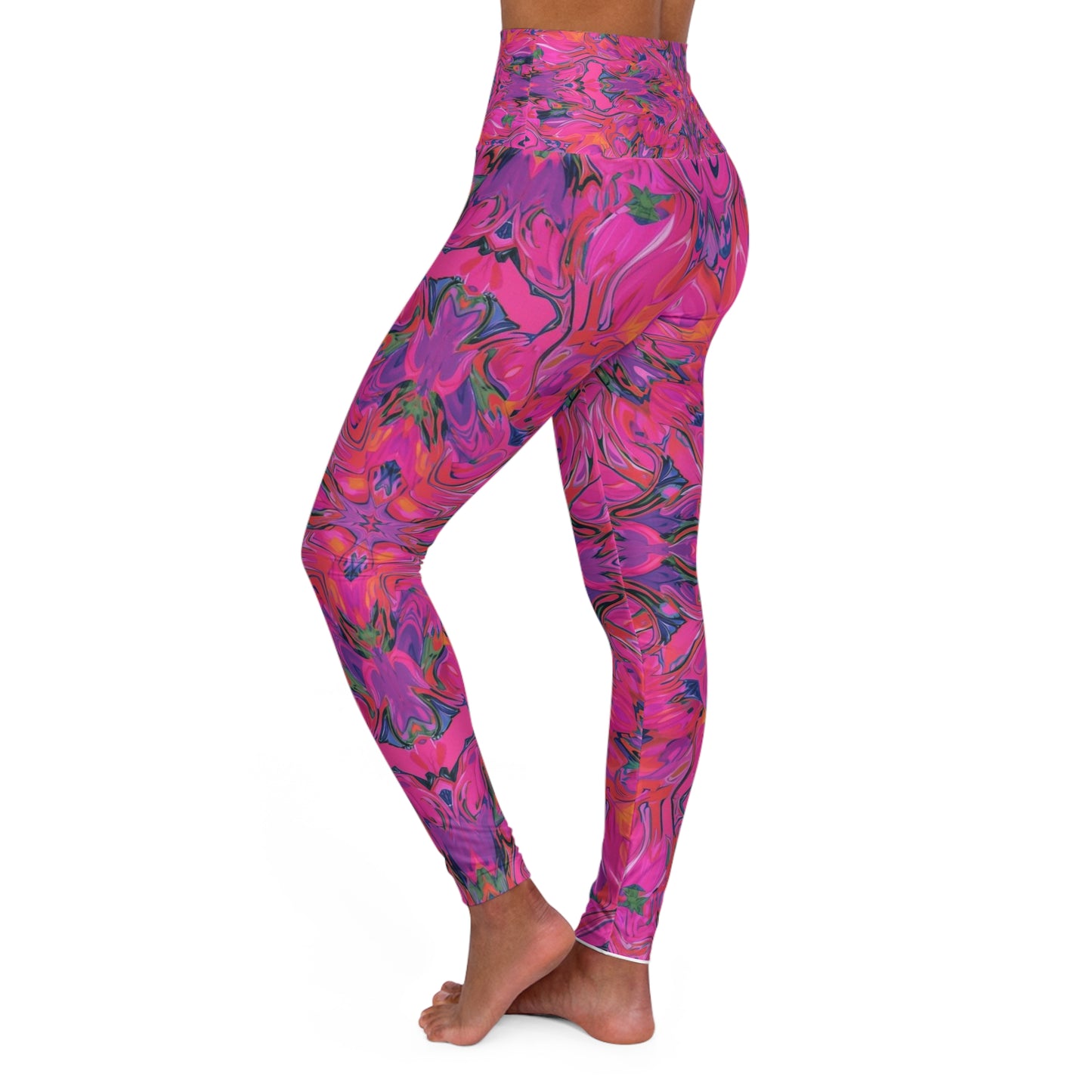 High-Waist Pink Marble Yoga Leggings — Vibrant Abstract AOP Activewear