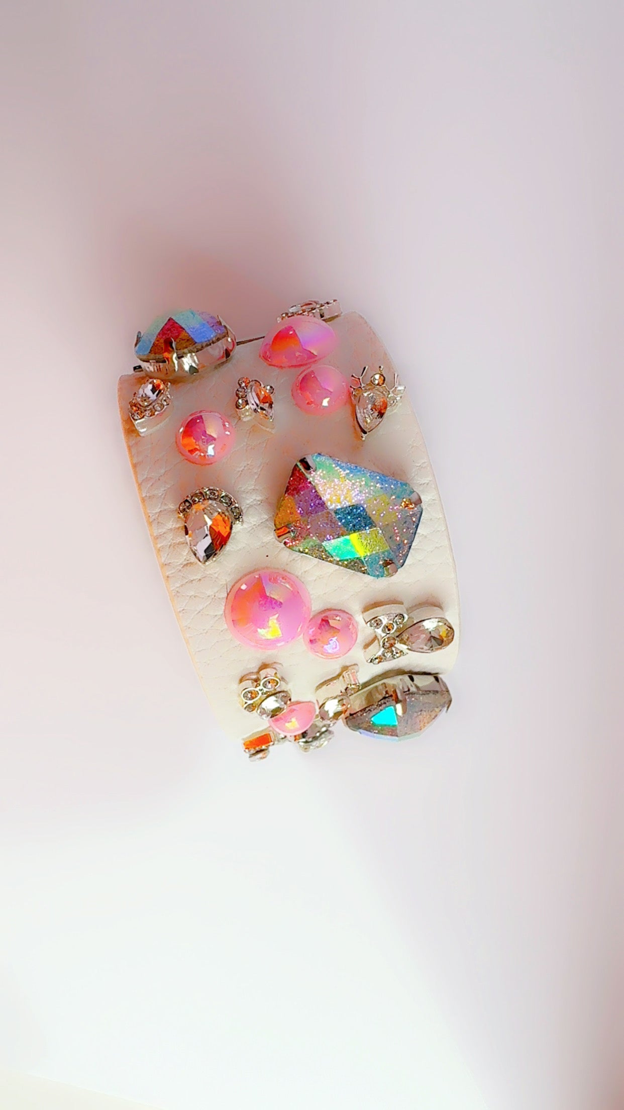 White Leather Pink Bling Cuff