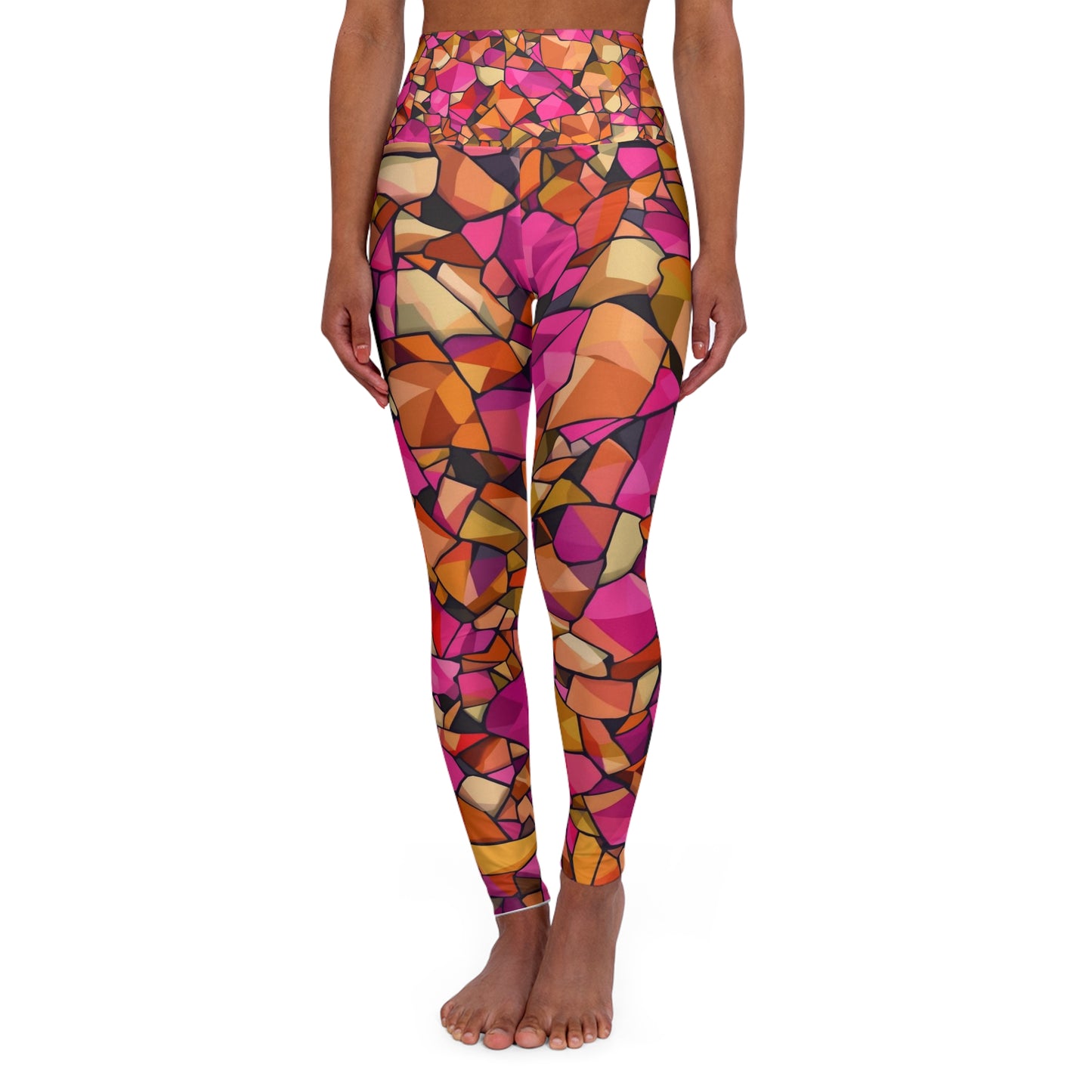 High-Waist Yoga Leggings — Vibrant Pink Orange Mosaic Print
