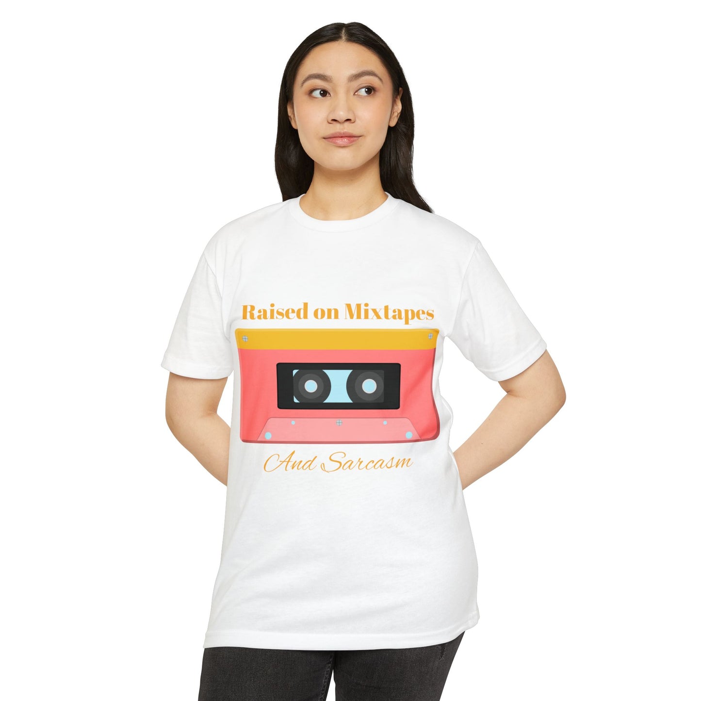 Raised on MiXtapes Cassette T-Shirt — Retro Music Tee with 'And Sarcasm'