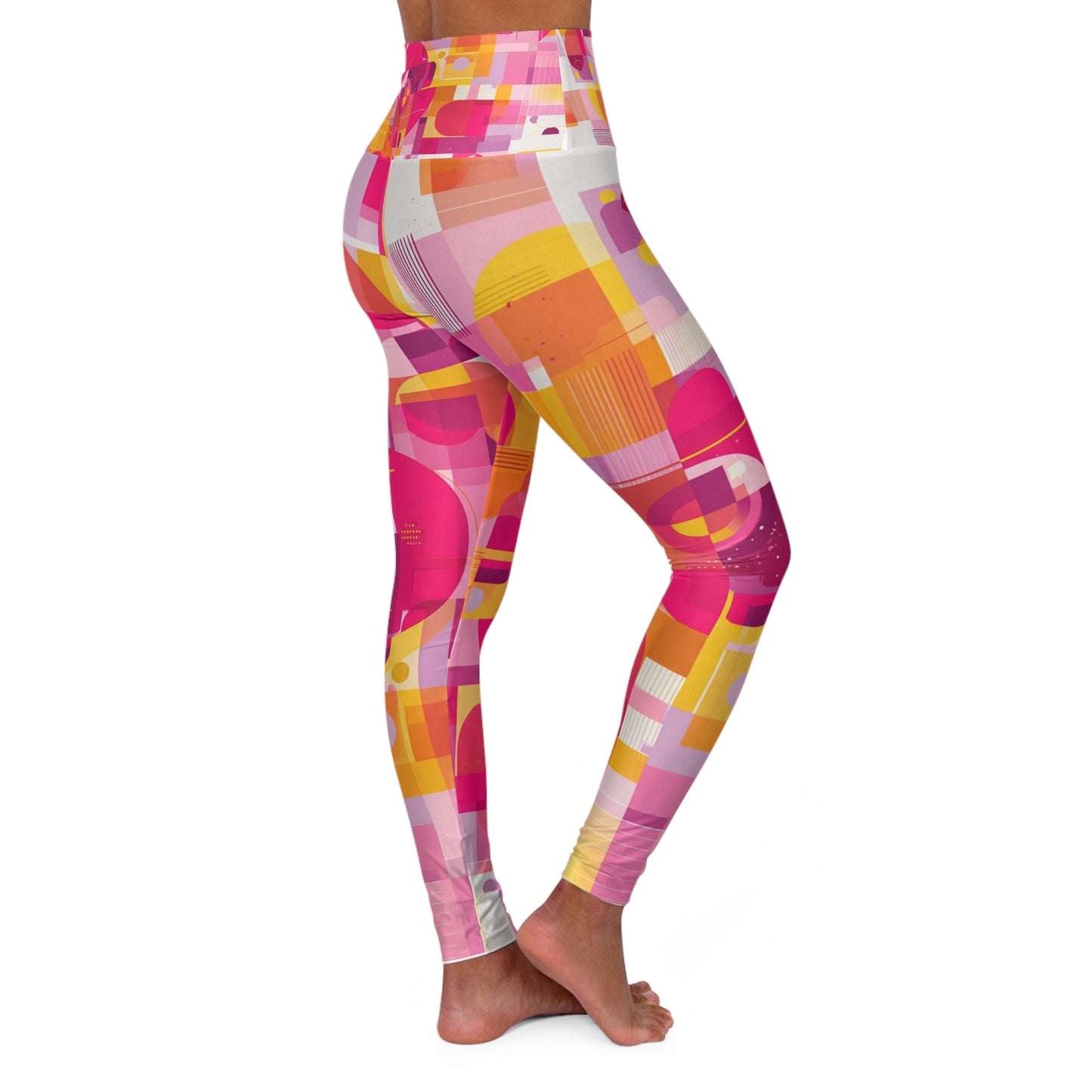 High-Waisted Yoga Leggings — Pink Orange Retro Abstract All-Over Print