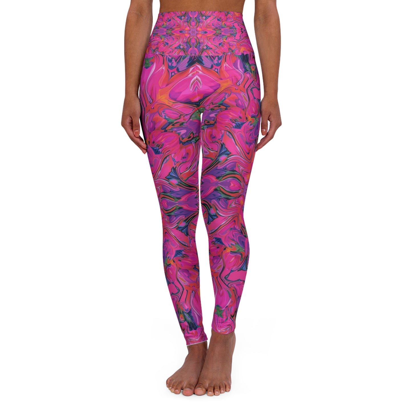 High-Waist Pink Marble Yoga Leggings — Vibrant Abstract AOP Activewear