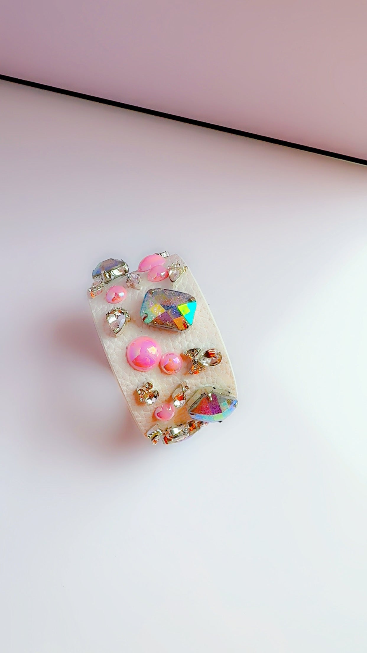 White Leather Pink Bling Cuff