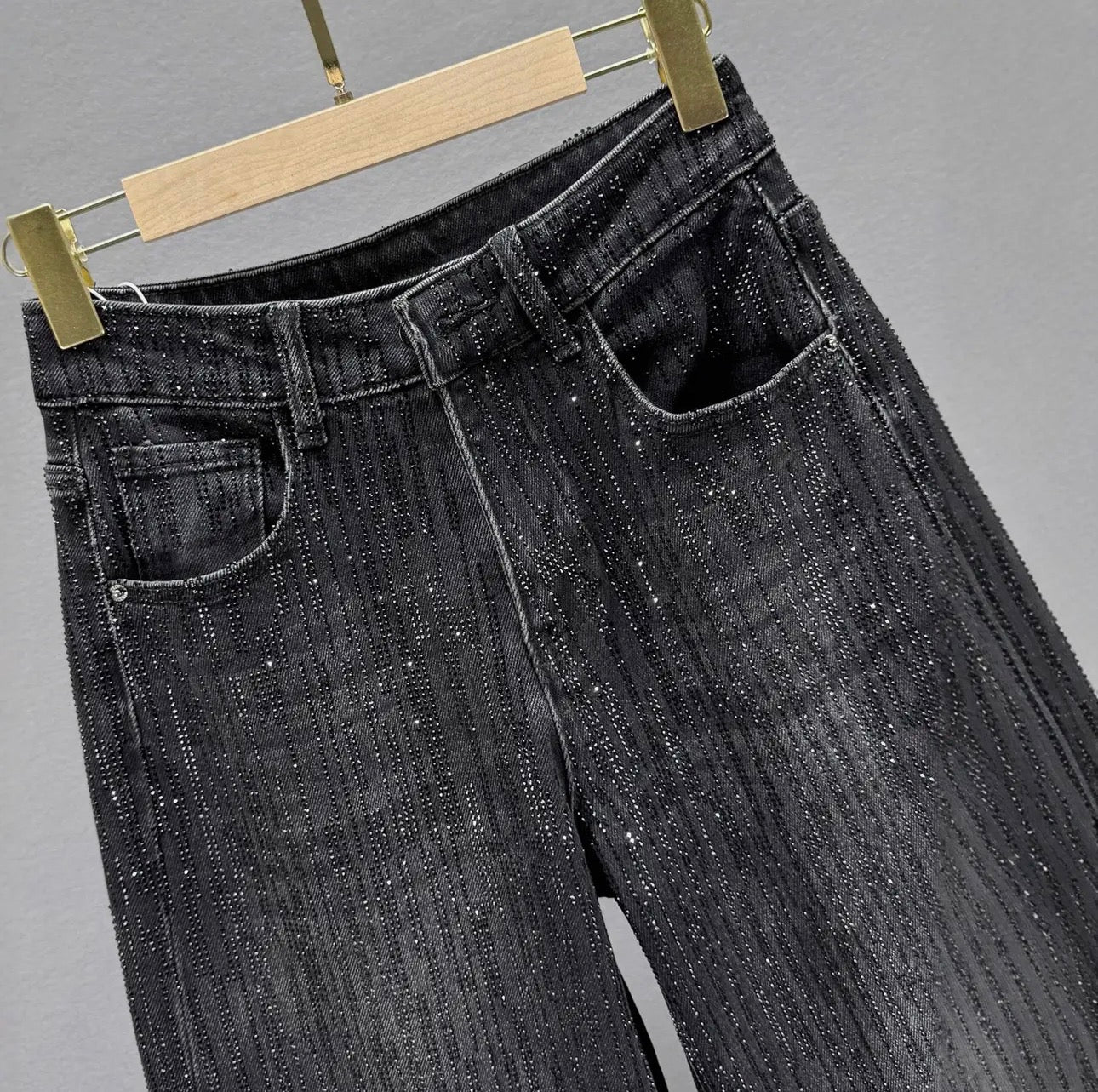 Black Rhinestone Wide Leg Jeans