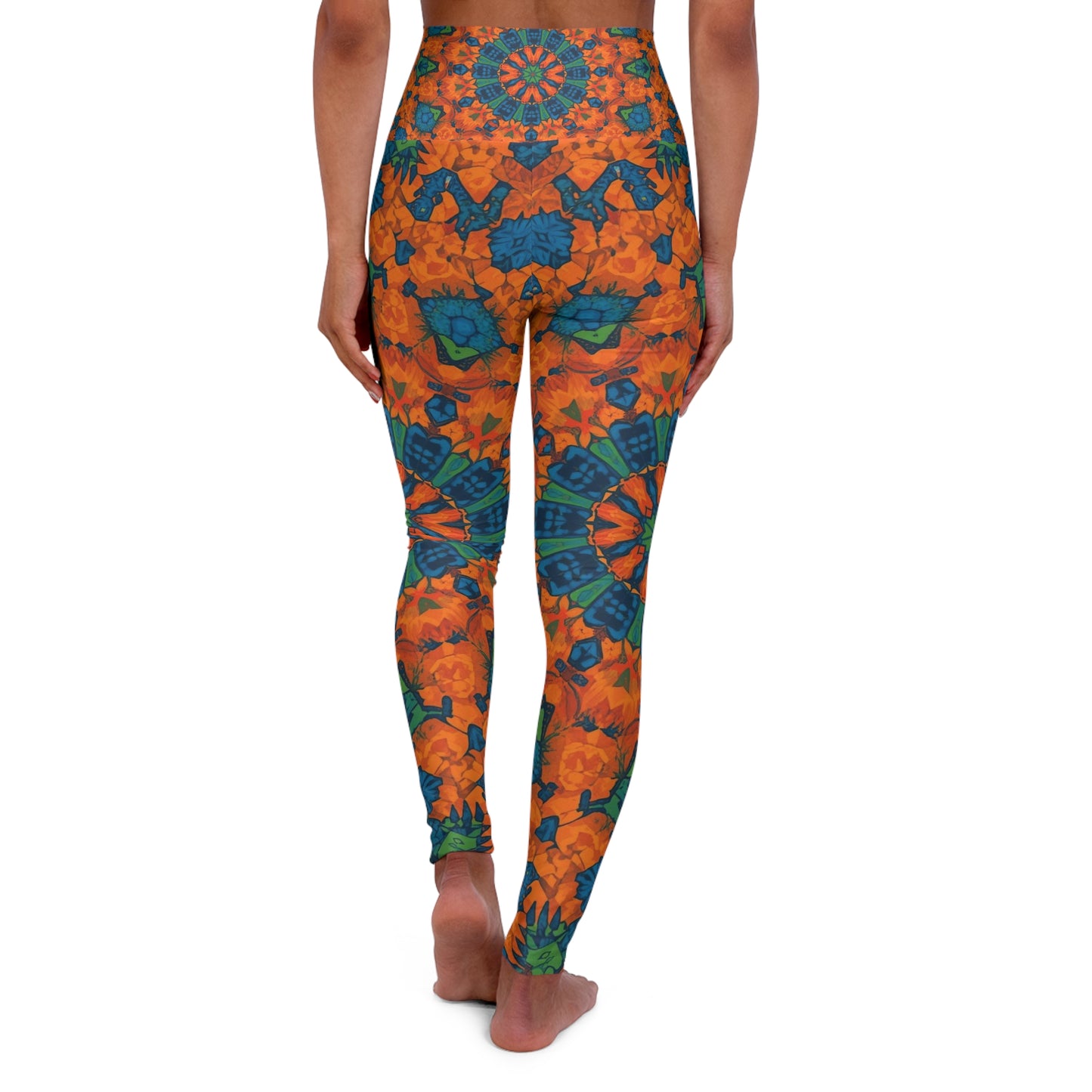 High-Waisted Yoga Leggings — Orange & Teal Floral Mandala Print