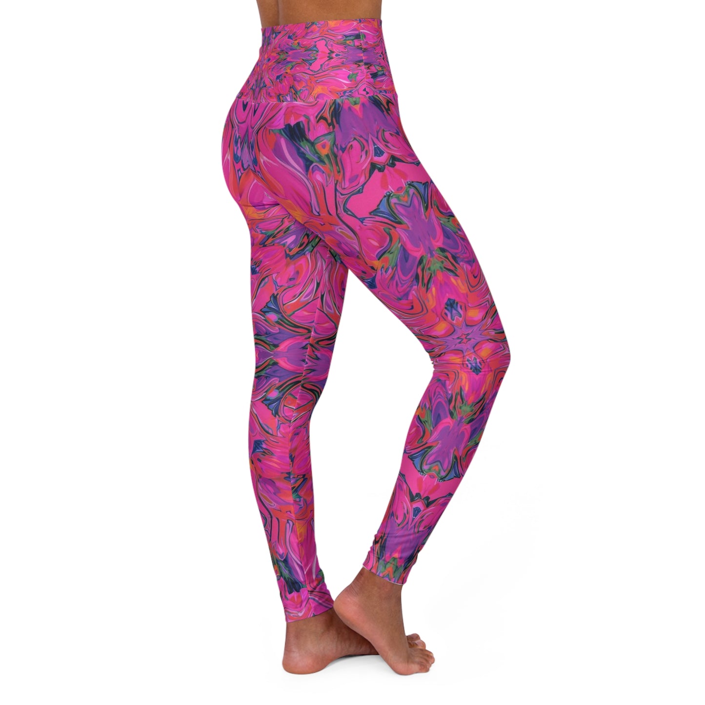 High-Waist Pink Marble Yoga Leggings — Vibrant Abstract AOP Activewear
