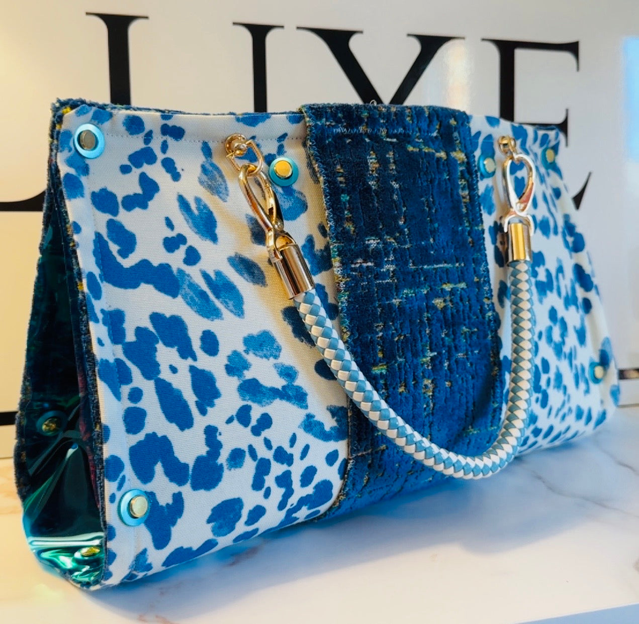 Blue Leopard Vinyl Clutch