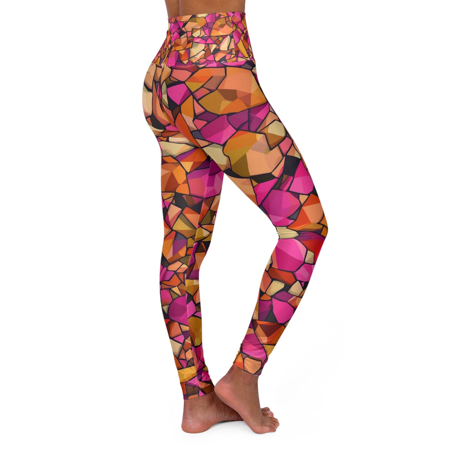 High-Waist Yoga Leggings — Vibrant Pink Orange Mosaic Print