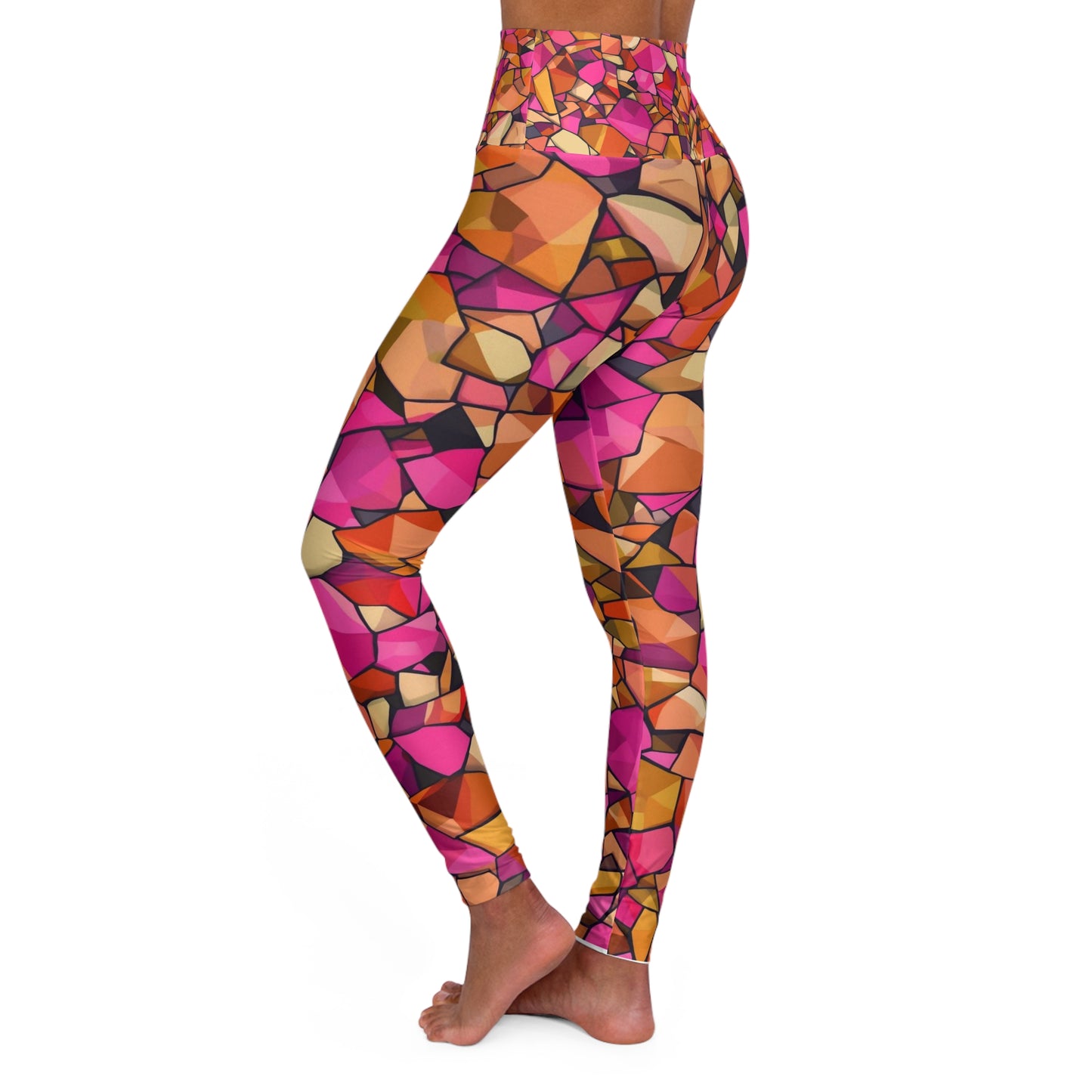 High-Waist Yoga Leggings — Vibrant Pink Orange Mosaic Print