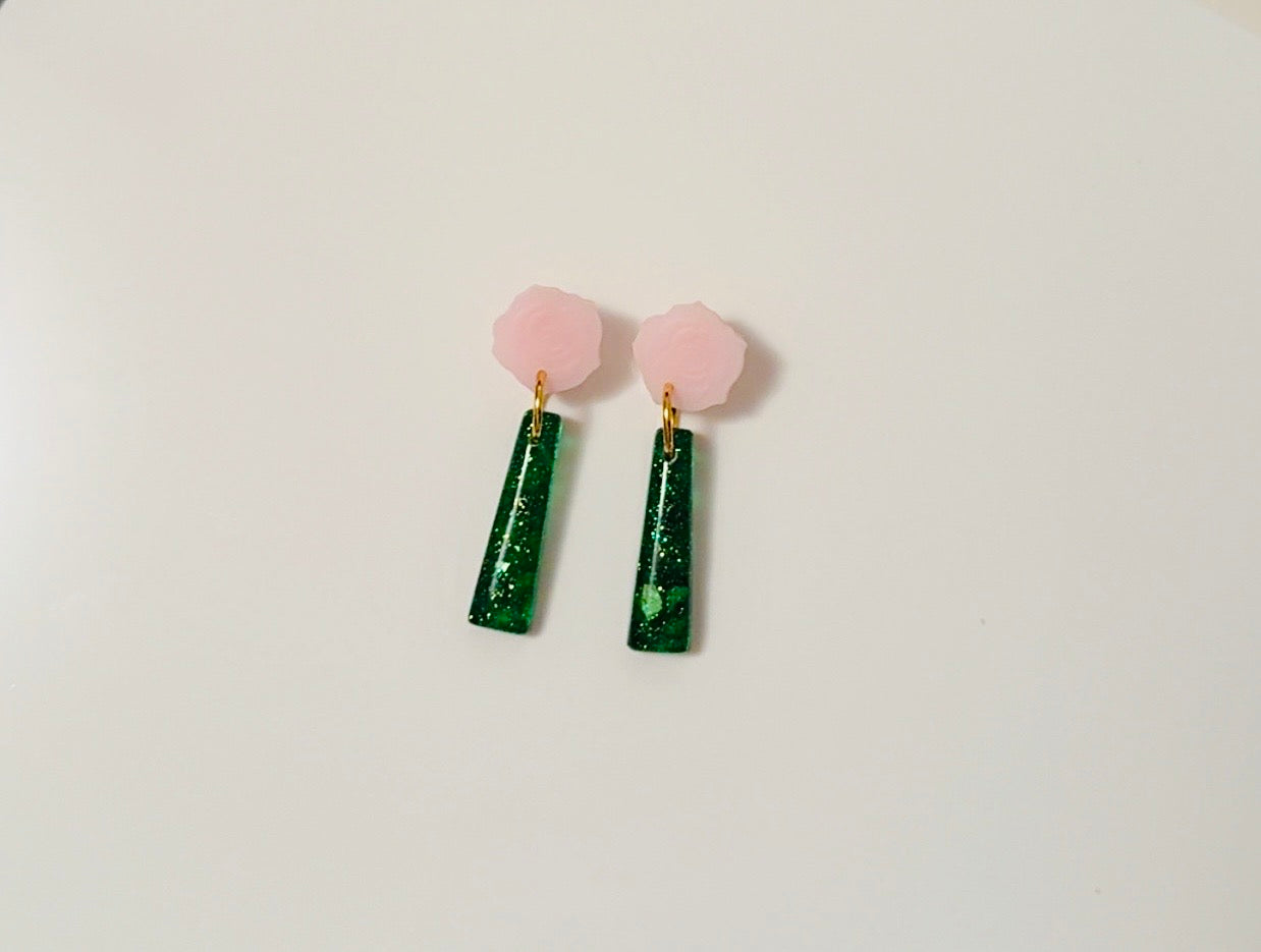 Emerald Green Pink Floral Ear Candy