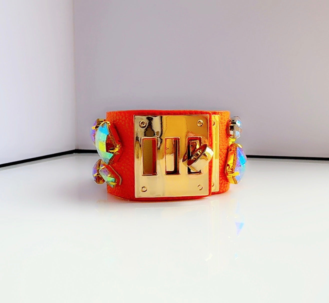 Orange Leather Bling Cuff