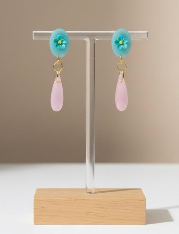 Blue Floral Pastel Pink Dangles