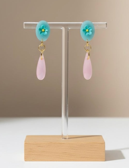 Blue Floral Pastel Pink Dangles