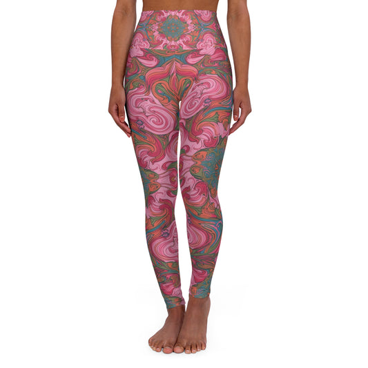 High-Waist Marble Swirl Yoga Leggings — Pink Floral Patterned Activewear