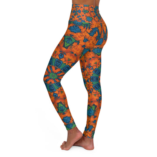 High-Waisted Yoga Leggings — Orange & Teal Floral Mandala Print