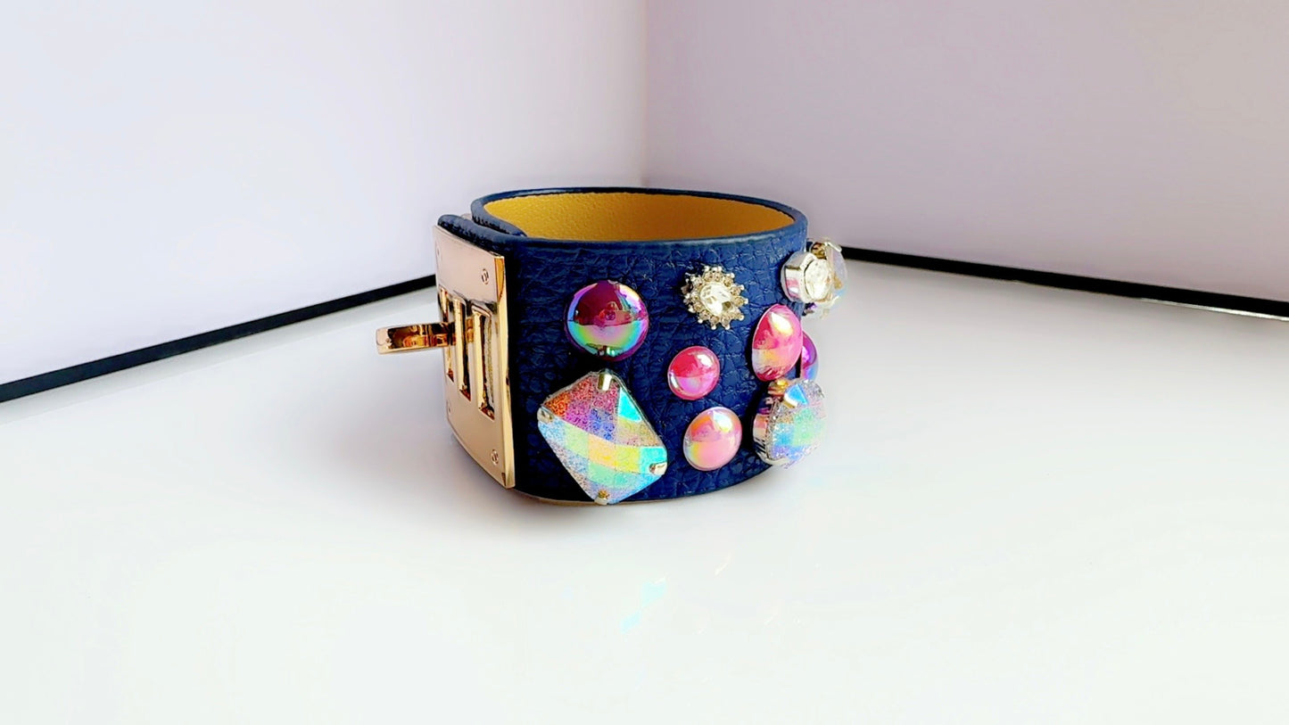 Navy Leather Bling Cuff