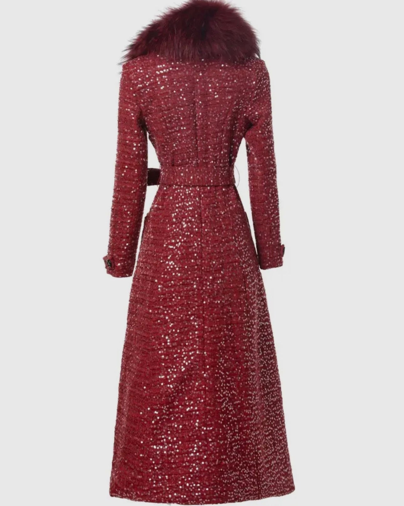 Deville Red Sequin Fur Trim Coat