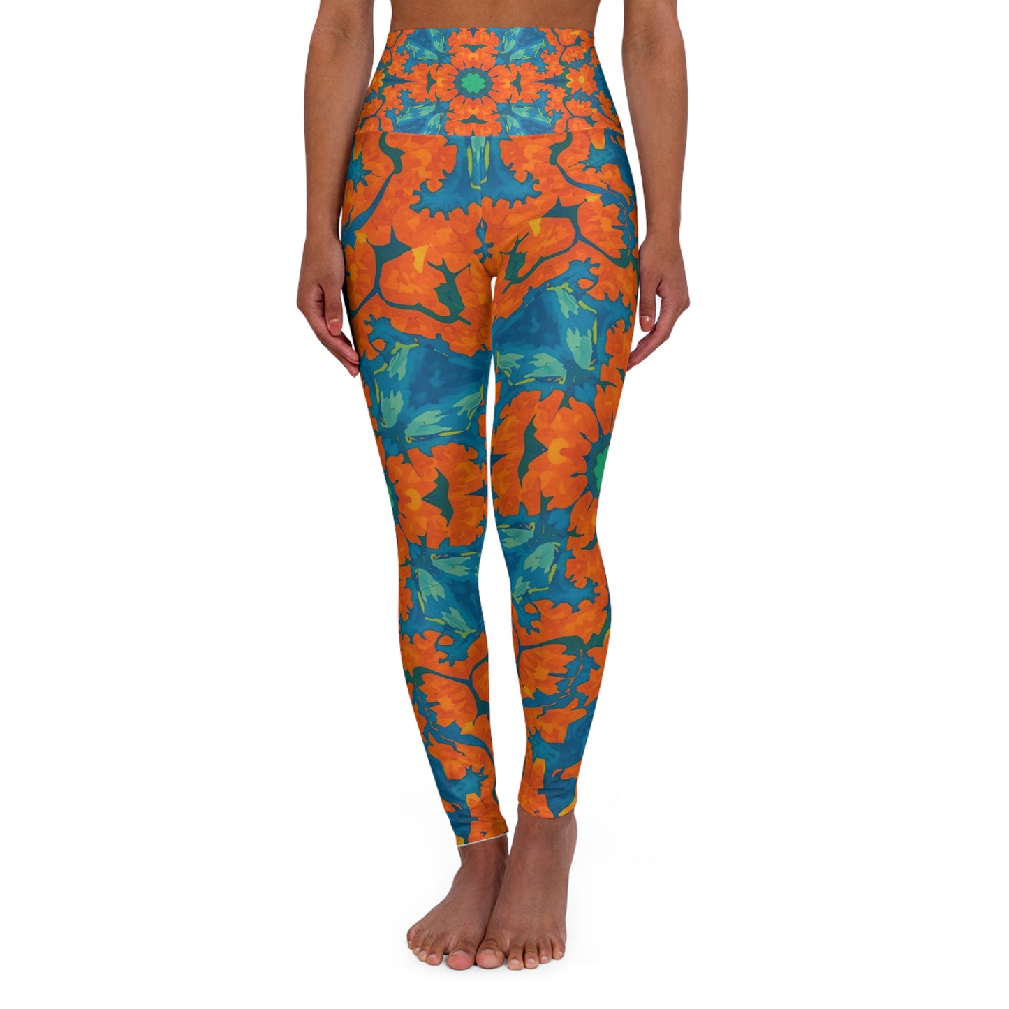 High-Waist Floral Tie-Dye Yoga Leggings — Vibrant Orange & Teal AOP