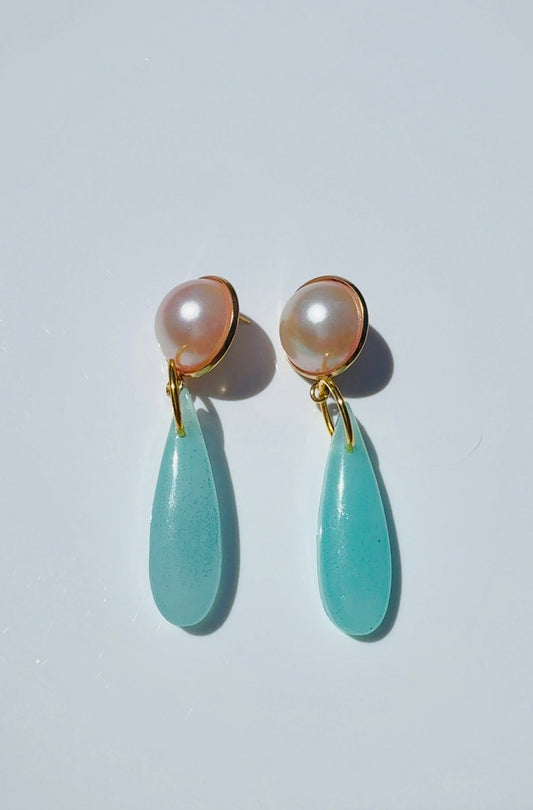 Blush Big Pearl Blue Chandelier Ear Candy