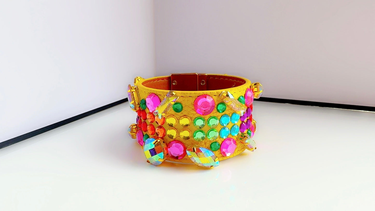 Yellow Leather Bling Cuff
