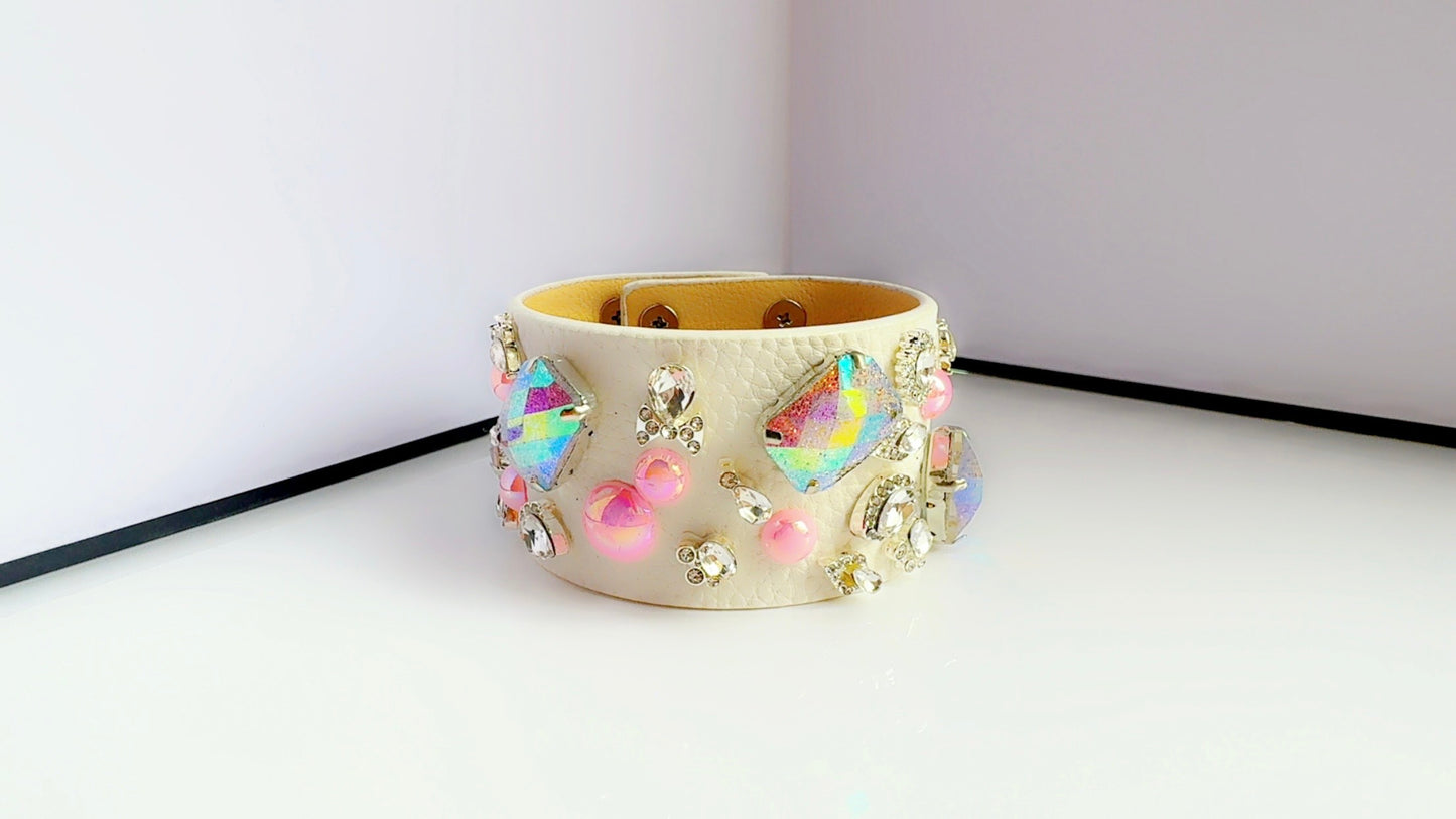 White Leather Pink Bling Cuff