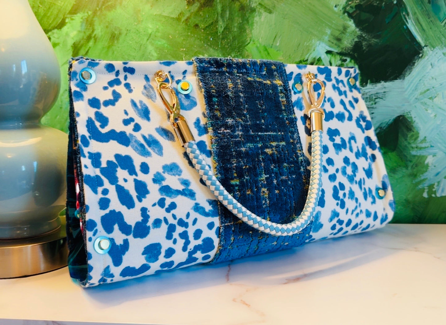 Blue Leopard Vinyl Clutch