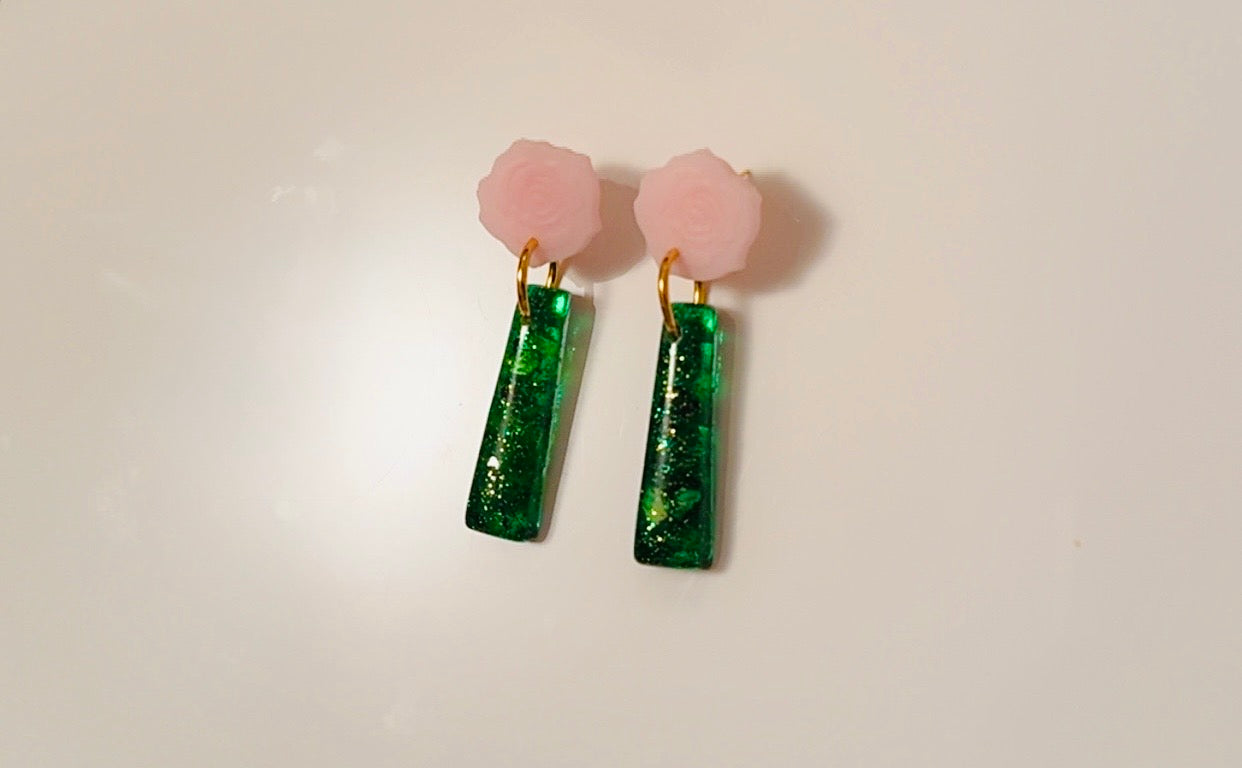 Emerald Green Pink Floral Ear Candy