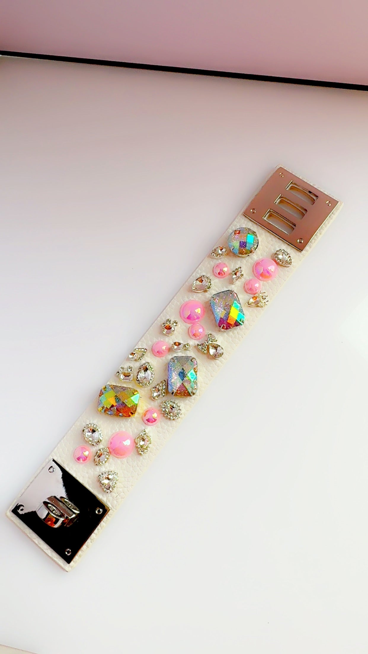 White Leather Pink Bling Cuff