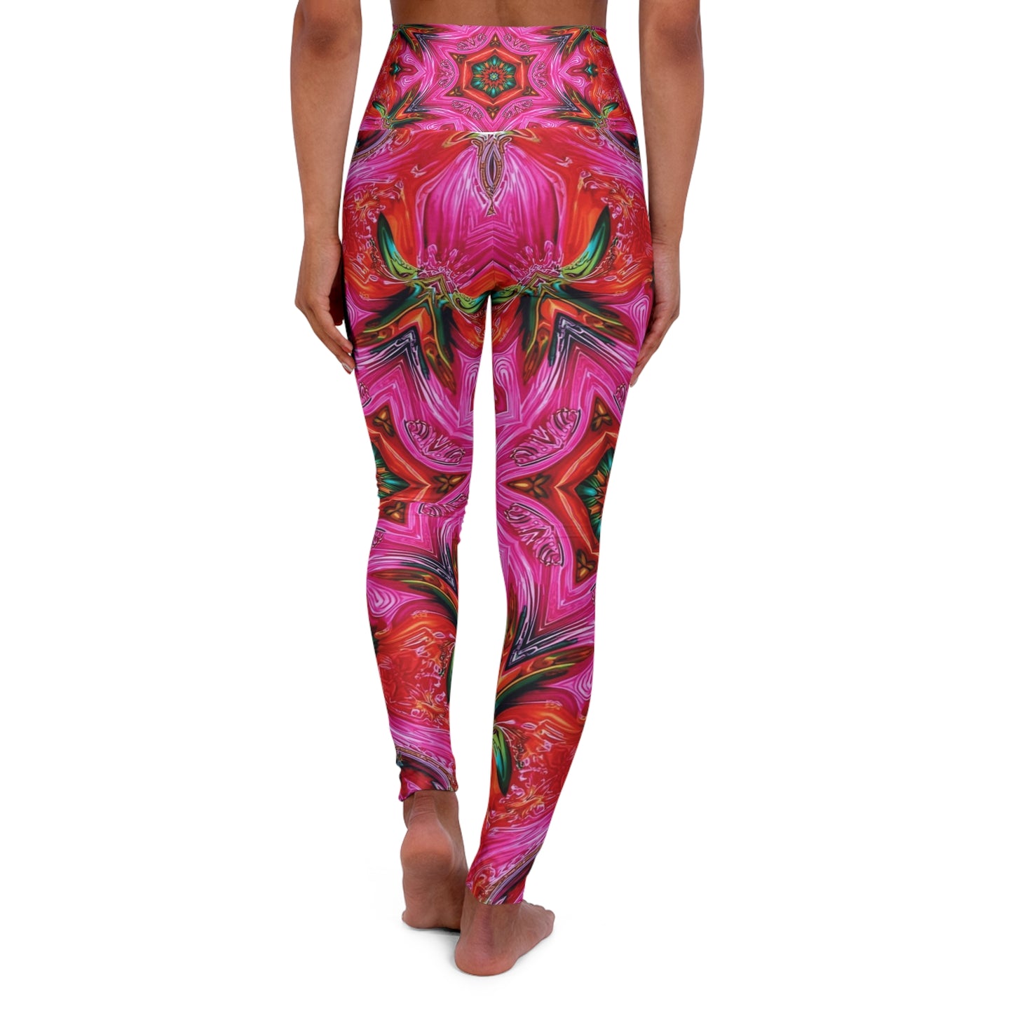 High-Waist Pink Kaleidoscope Yoga Leggings — Vibrant Floral Mandala Print