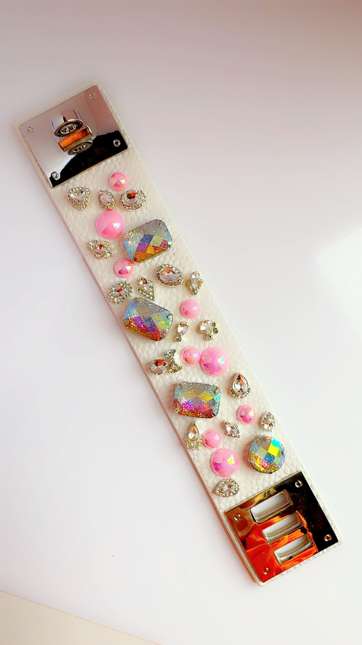 White Leather Pink Bling Cuff