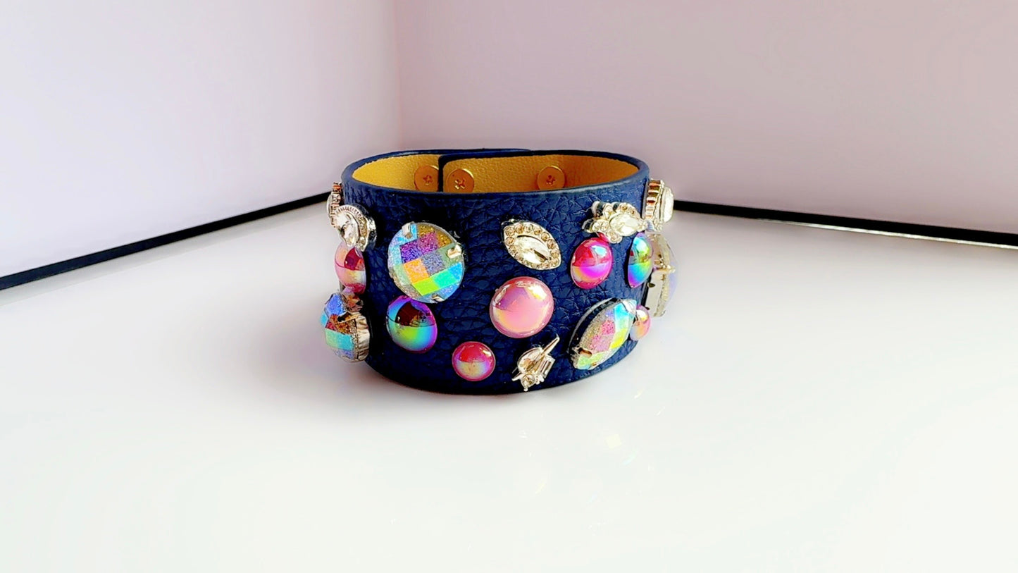 Navy Leather Bling Cuff