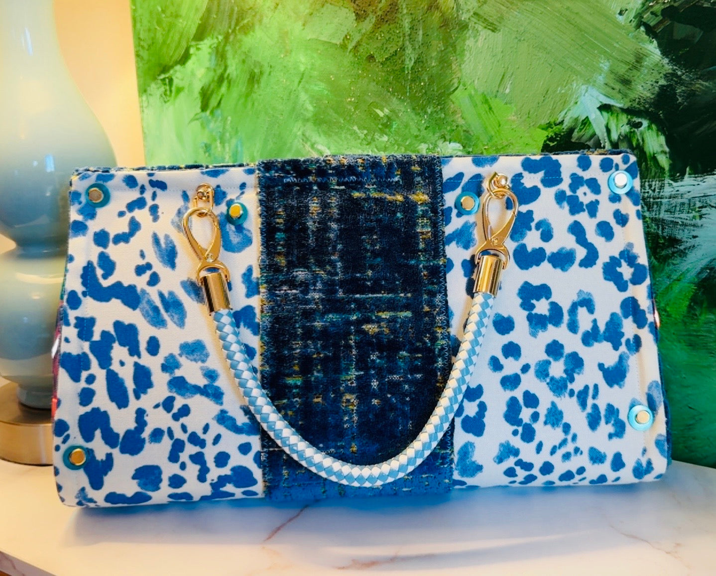 Blue Leopard Vinyl Clutch
